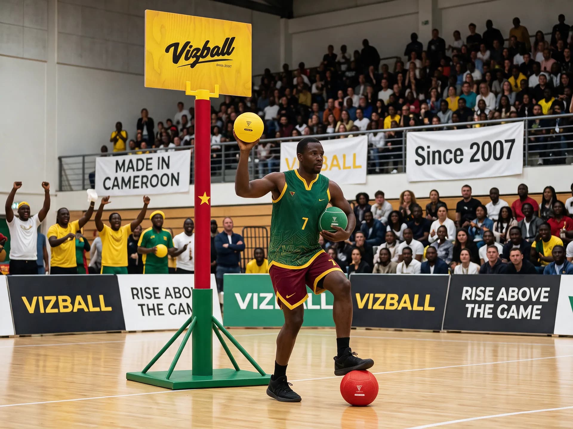 Un joueur de Vizball, ballons en main, sur un terrain en salle devant le public